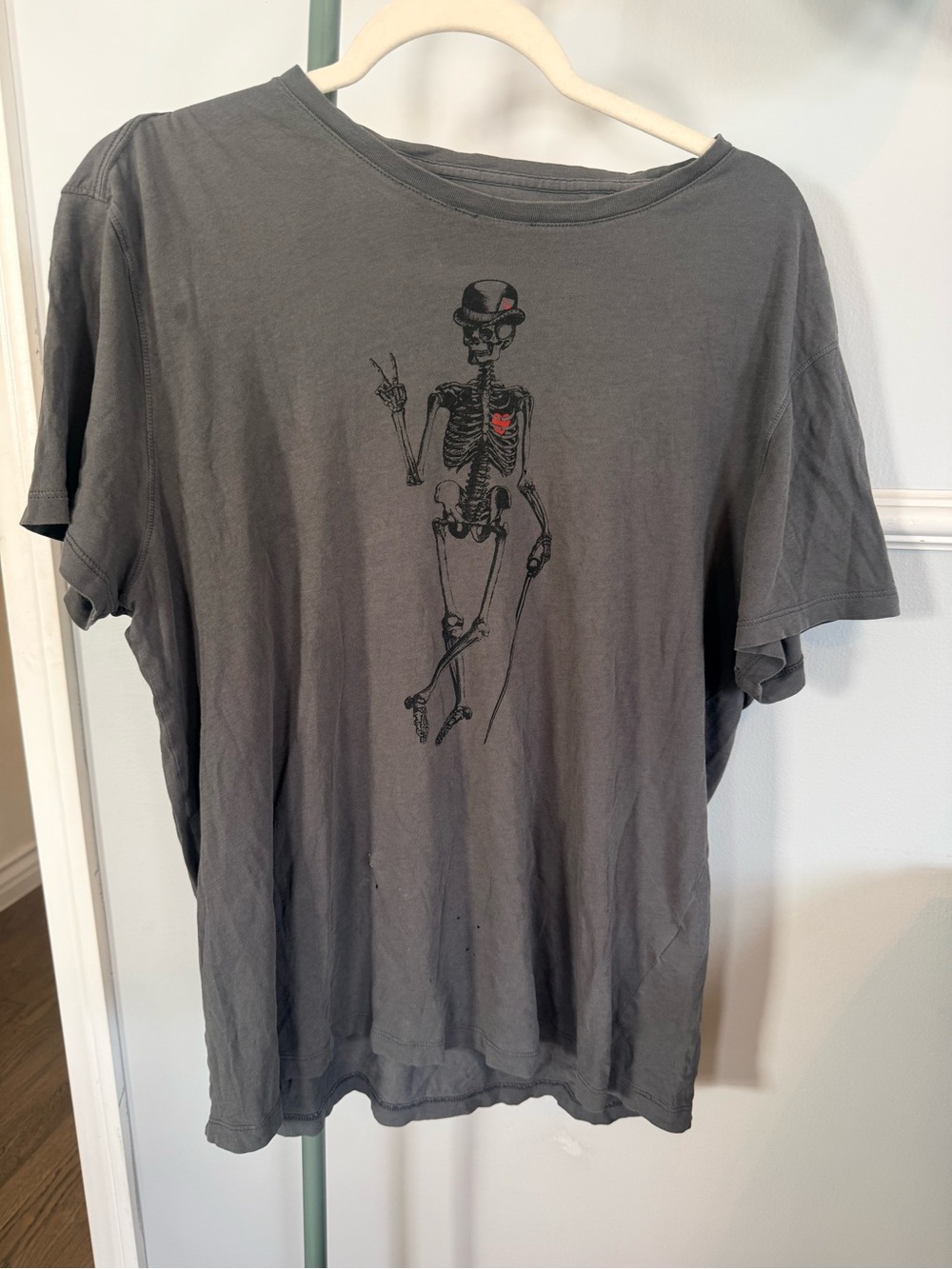 John Varvatos Paper ThinCharcoal Gray Skeleton Graphic Tee with Red Heart Accent